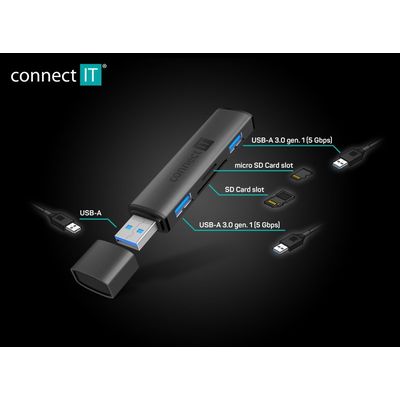 CONNECT IT COMPACT 4v1 USB-A hub + čtečka karet, (2xUSB-A 3.0, 1xSD, 1xMicroSD), externí, ANTRACITOVÁ