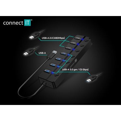 CONNECT IT Mighty Switch 2 USB-A hub, (4xUSB-A 3.0, 3xUSB-A 2.0), externí
