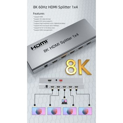 PremiumCord HDMI 2.1 splitter 1-4 porty, 8K@60Hz, 4K@120Hz, 1080p, HDR