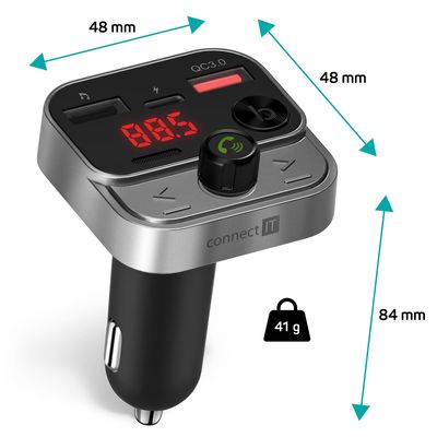 CONNECT IT InCarz Bezdrátový FM transmitter, 2x USB-A + 1x USB-C, ANTRACITOVÝ