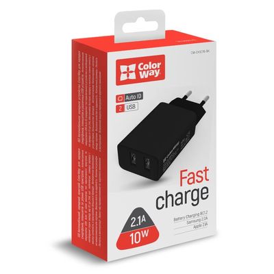 ColorWay 2x USB/ síťová nabíječka/ 10W/ 100V-240V/ Černá