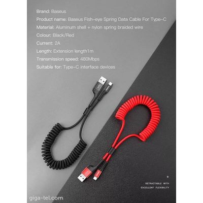 Baseus Fish Eye pružinový nabíjecí / datový kabel USB na USB-C 2A 1m, černá