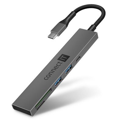CONNECT IT CompactPRO USB-C hub + čtečka karet, (2xUSB-A 3.0, 1xUSB-C), externí, antracitový