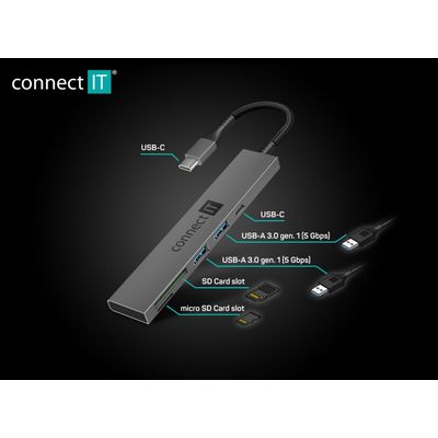 CONNECT IT CompactPRO USB-C hub + čtečka karet, (2xUSB-A 3.0, 1xUSB-C), externí, antracitový