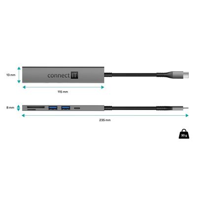 CONNECT IT CompactPRO USB-C hub + čtečka karet, (2xUSB-A 3.0, 1xUSB-C), externí, antracitový