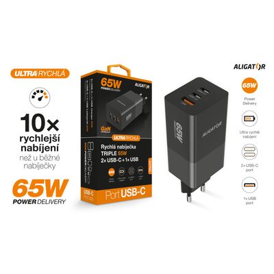 Chytrá síťová nabíječka ALIGATOR GaN, Power Delivery 65W, 2xUSB-C, 1xUSB-A, černá