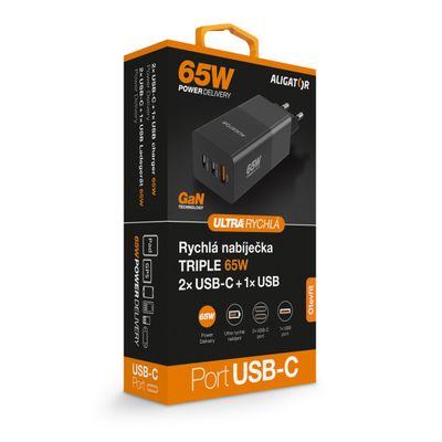 Chytrá síťová nabíječka ALIGATOR GaN, Power Delivery 65W, 2xUSB-C, 1xUSB-A, černá