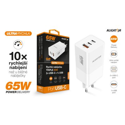 Chytrá síťová nabíječka ALIGATOR GaN, Power Delivery 65W, 2xUSB-C, 1xUSB-A, bílá