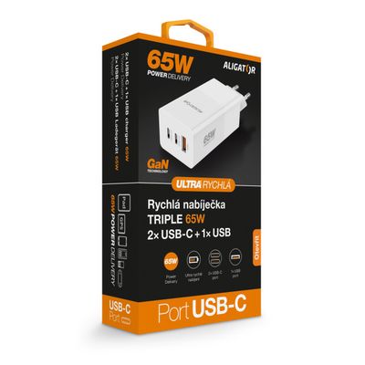 Chytrá síťová nabíječka ALIGATOR GaN, Power Delivery 65W, 2xUSB-C, 1xUSB-A, bílá