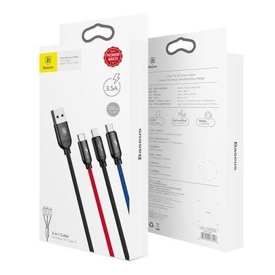 Datový kabel Baseus 3v1 USB/microUSB, Lightning, USB-C 1,2m 3,5A černý
