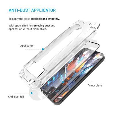Ultra odolné tvrzené sklo FIXED Armor s Anti-dust aplikátorem a AR vrstvou pro Apple iPhone 16 Pro, černé