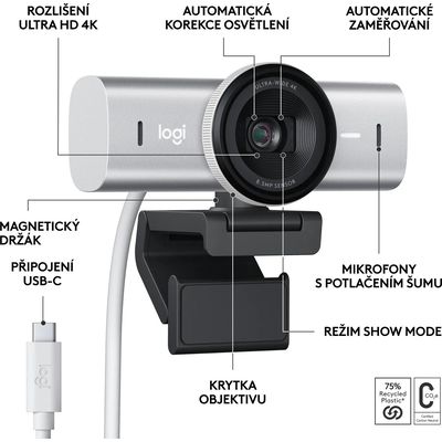 Logitech MX Brio 4K Ultra HD Webcam, Pale Grey
