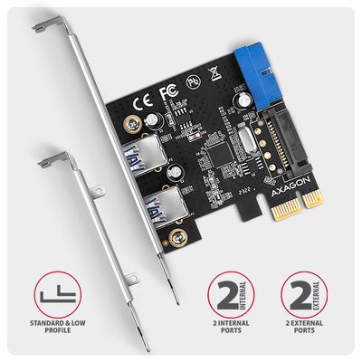 AXAGON PCEU-232RS, PCIe řadič, 2+2x USB 5Gbps port, SATA napájení, SP & LP