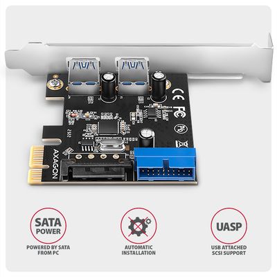 AXAGON PCEU-232RS, PCIe řadič, 2+2x USB 5Gbps port, SATA napájení, SP & LP