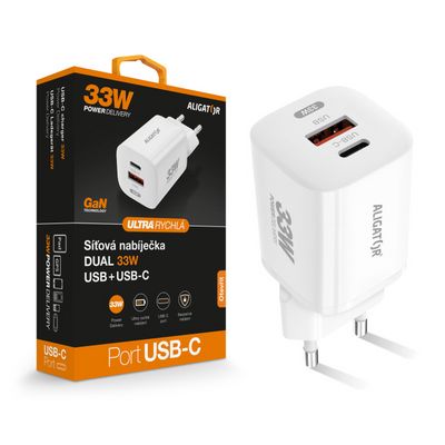 Rychlá nabíječka ALIGATOR GaN, PD 33W USB + USB-C, bílá
