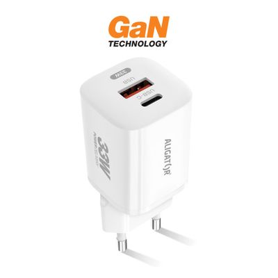 Rychlá nabíječka ALIGATOR GaN, PD 33W USB + USB-C, bílá