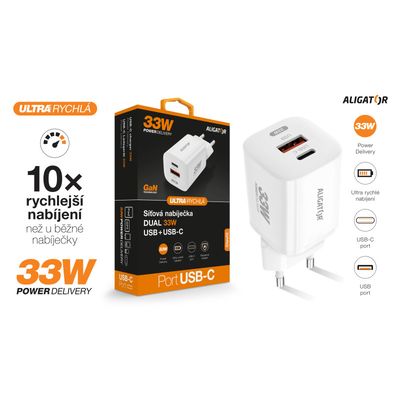 Rychlá nabíječka ALIGATOR GaN, PD 33W USB + USB-C, bílá