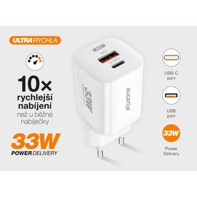 Rychlá nabíječka ALIGATOR GaN, PD 33W USB + USB-C, bílá