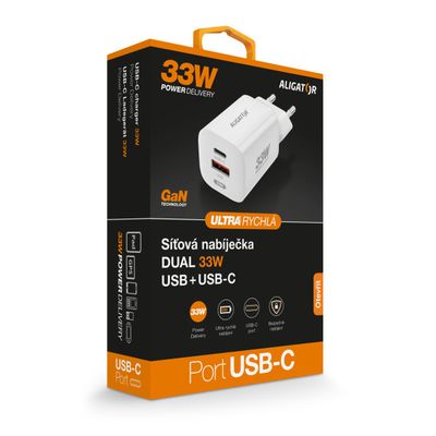 Rychlá nabíječka ALIGATOR GaN, PD 33W USB + USB-C, bílá