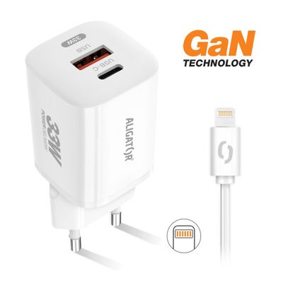 Rychlá nabíječka ALIGATOR GaN, PD 33W, USB-C/Lightning kabel, bílá
