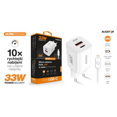 Rychlá nabíječka ALIGATOR GaN, PD 33W, USB-C/Lightning kabel, bílá