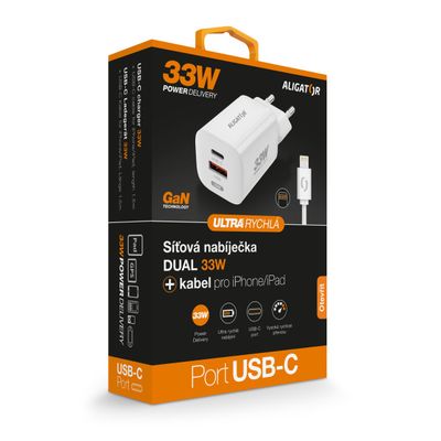 Rychlá nabíječka ALIGATOR GaN, PD 33W, USB-C/Lightning kabel, bílá