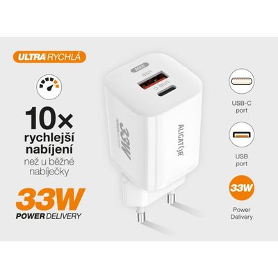 Rychlá nabíječka ALIGATOR GaN, PD 33W, USB-C/USB-C kabel, bílá