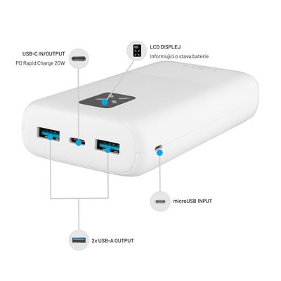 Powerbanka FIXED Zen 20 s LCD displejem a výstupem PD 20W, 20 000 mAh, bílá