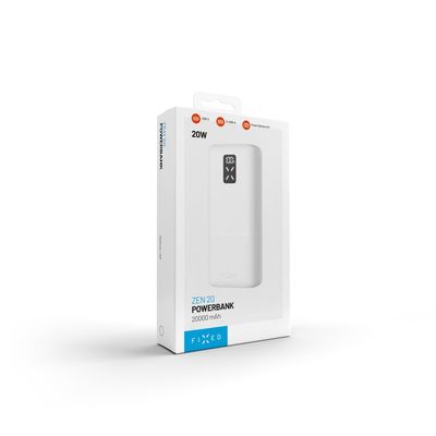 Powerbanka FIXED Zen 20 s LCD displejem a výstupem PD 20W, 20 000 mAh, bílá