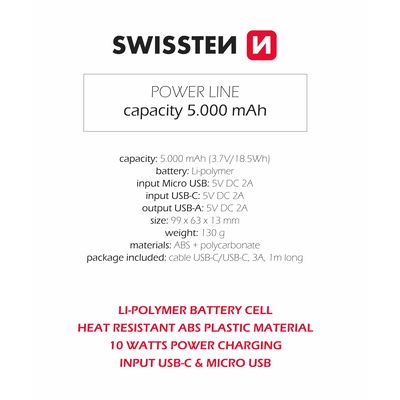 SWISSTEN Power Line powerbank 5000 mAh 10W černá