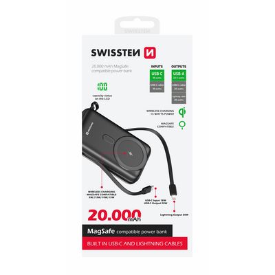 SWISSTEN powerbank 20000 mAh PD 22,5W s integrovanými kabely USB-C A LIGHTNING (kompatibilní s MagSafe)