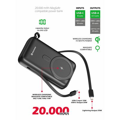 SWISSTEN powerbank 20000 mAh PD 22,5W s integrovanými kabely USB-C A LIGHTNING (kompatibilní s MagSafe)