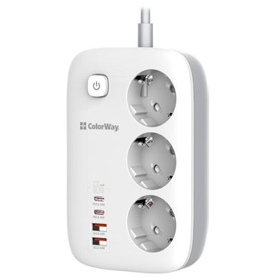 ColorWay Prodlužovací napájecí přívod/ 3x Schuko/ 2x USB-A 60W/ 2x USB-C 65W/ kabel 2m