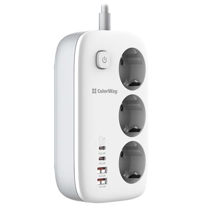 ColorWay Prodlužovací napájecí přívod/ 3x Schuko/ 2x USB-A 60W/ 2x USB-C 65W/ kabel 2m