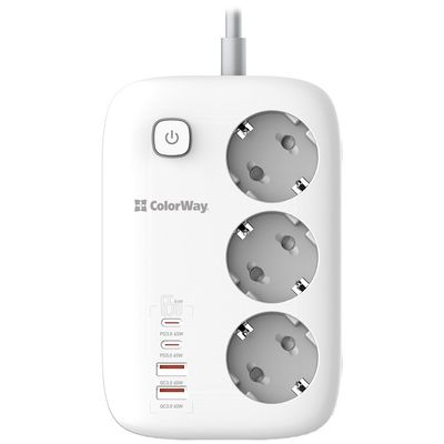 ColorWay Prodlužovací napájecí přívod/ 3x Schuko/ 2x USB-A 60W/ 2x USB-C 65W/ kabel 2m