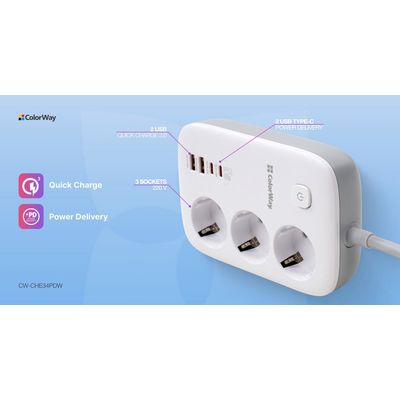 ColorWay Prodlužovací napájecí přívod/ 3x Schuko/ 2x USB-A 60W/ 2x USB-C 65W/ kabel 2m
