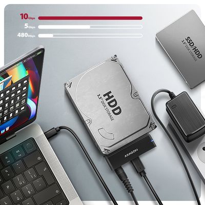 AXAGON ADSA-FPX, USB-C 10Gbps - SATA 6G, 2.5/3.5 SSD/HDD FAST PORT X adaptér, vč. AC napáječe