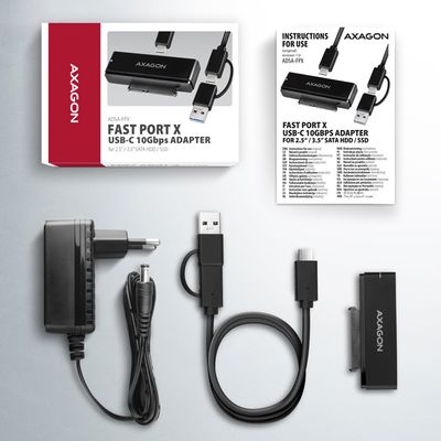 AXAGON ADSA-FPX, USB-C 10Gbps - SATA 6G, 2.5/3.5 SSD/HDD FAST PORT X adaptér, vč. AC napáječe
