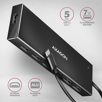AXAGON HUE-F7C, 7x USB 3.2 Gen 1 ALU FLAT CHARGING hub, micro USB napájecí konektor, kabel USB-C 30cm - rozbalené / použité