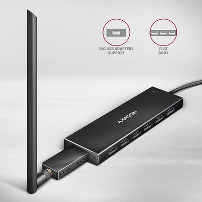 AXAGON HUE-F7C, 7x USB 3.2 Gen 1 ALU FLAT CHARGING hub, micro USB napájecí konektor, kabel USB-C 30cm - rozbalené / použité