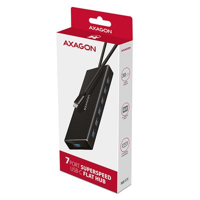AXAGON HUE-F7C, 7x USB 3.2 Gen 1 ALU FLAT CHARGING hub, micro USB napájecí konektor, kabel USB-C 30cm - rozbalené / použité