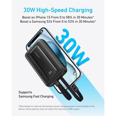 Anker Power Bank 10000mAh, 30W, s USB-C a Lightning kabelem, černá