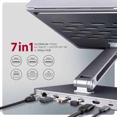 AXAGON HMC-STND, stojan pro 10-16 notebooky, USB 5Gbps hub, 3x USB-A, HDMI 4k/60Hz, RJ-45, PD 100W