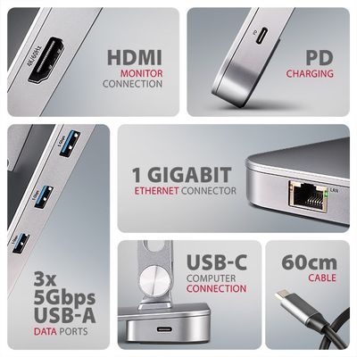 AXAGON HMC-STND, stojan pro 10-16 notebooky, USB 5Gbps hub, 3x USB-A, HDMI 4k/60Hz, RJ-45, PD 100W