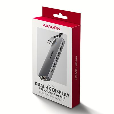AXAGON HMC-7HX2, USB 5Gbps hub, 2x USB-A, USB-C, 2x HDMI 4k/60Hz, RJ-45 GLAN, PD 100W, kabel 15cm