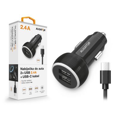 Nabíječka do auta ALIGATOR s USB-C kabelem a 2xUSB výstupem 2.4A, černá