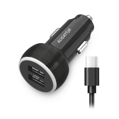 Nabíječka do auta ALIGATOR s USB-C kabelem a 2xUSB výstupem 2.4A, černá