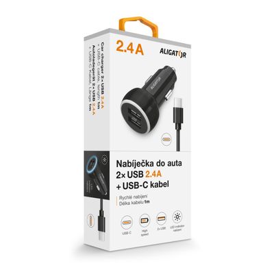Nabíječka do auta ALIGATOR s USB-C kabelem a 2xUSB výstupem 2.4A, černá