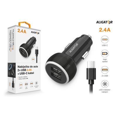 Nabíječka do auta ALIGATOR s USB-C kabelem a 2xUSB výstupem 2.4A, černá