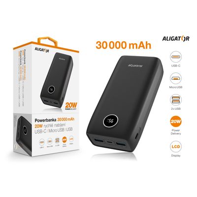 ALIGATOR Power Delivery 20W, 30 000 mAh, černá